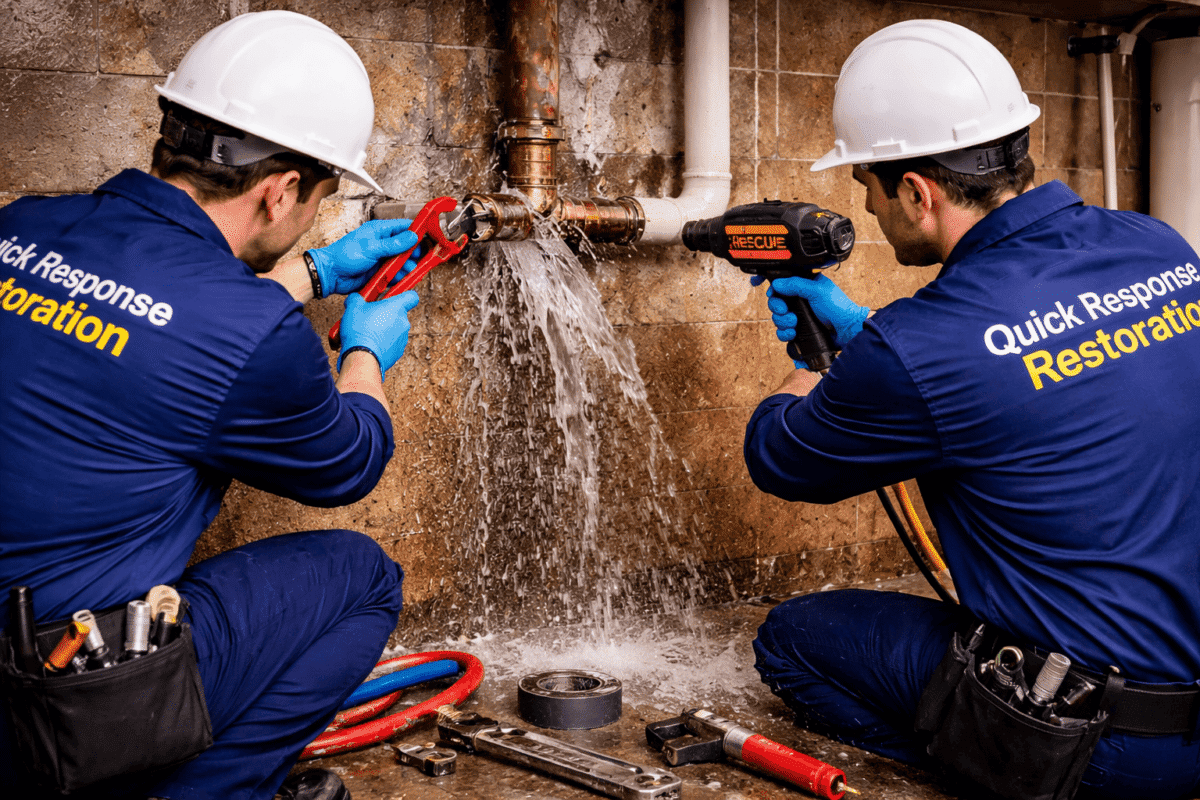Quick Response Restoration technicians repairing a burst pipe with water leakage using professional tools in a basement