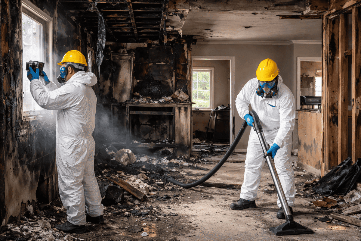 Professional fire and smoke damage repair technicians cleaning soot and inspecting a fire-damaged home interior