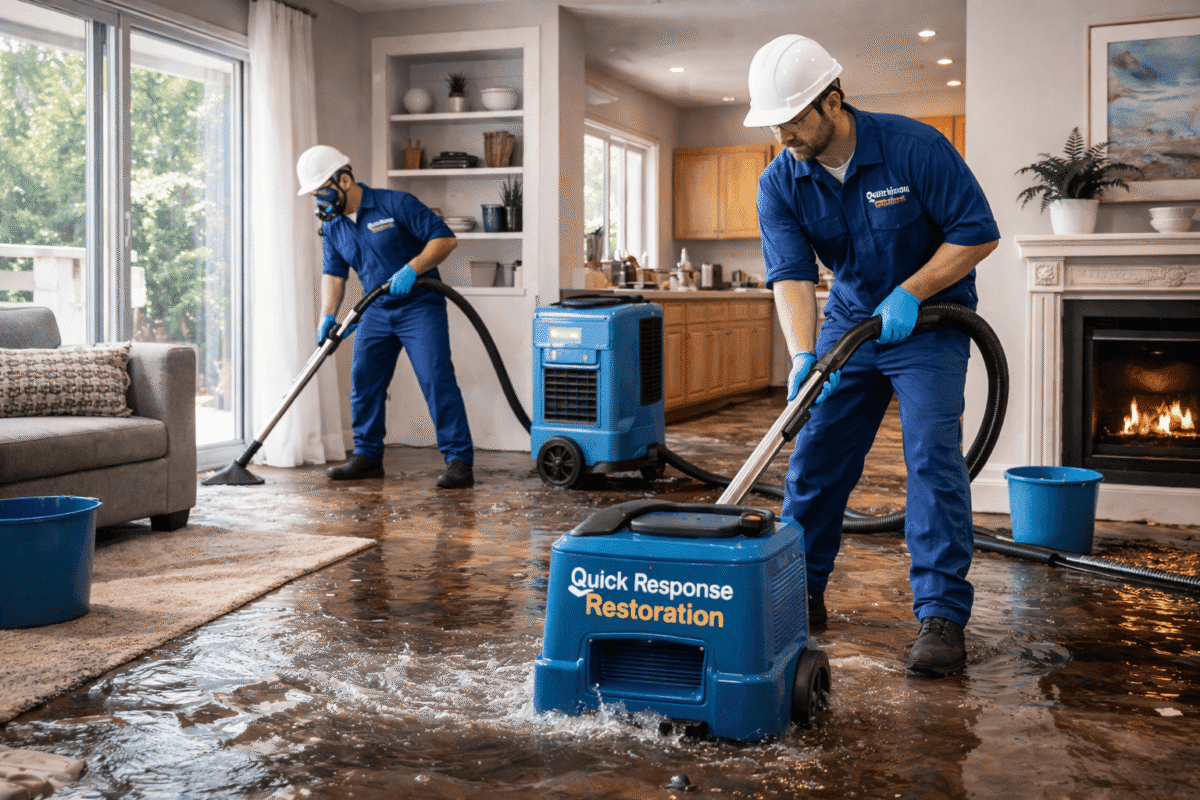 Quick Response Restoration technicians performing water damage cleanup and drying services inside a flooded home