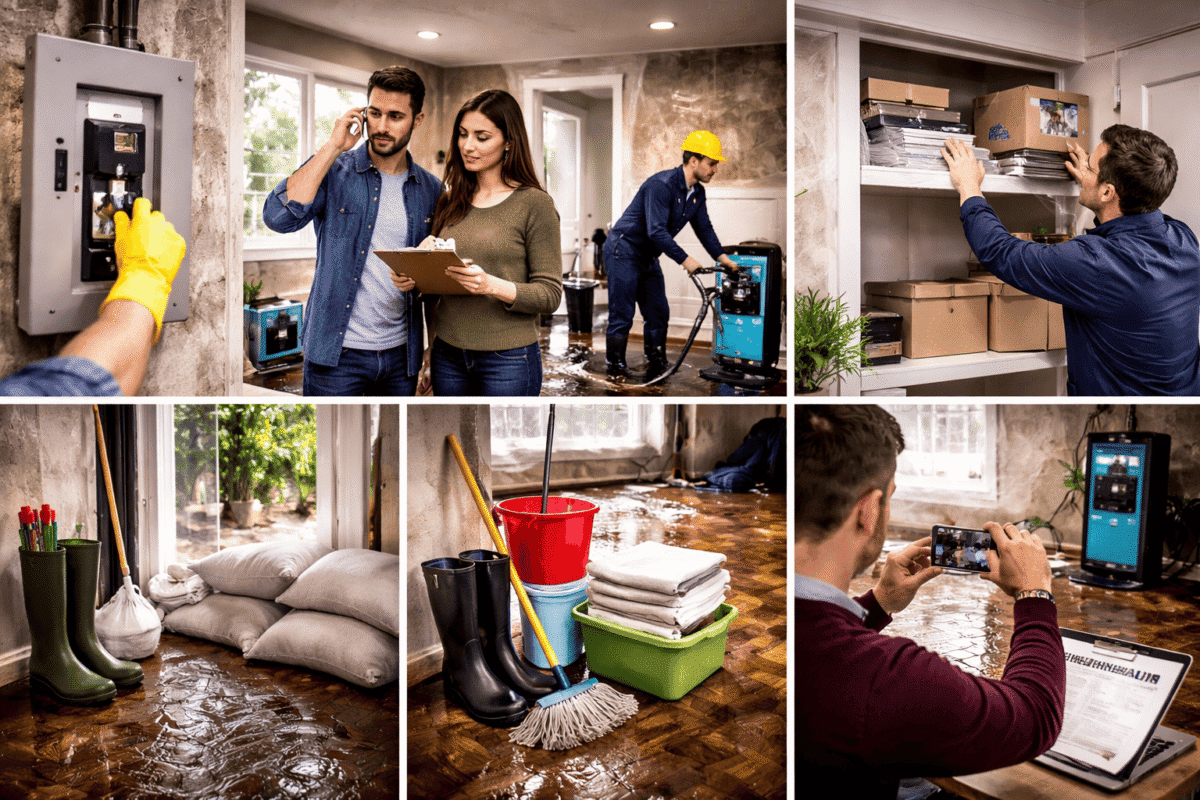 Six essential steps to take after water damage including shutting off power, documenting damage, removing water, protecting belongings, and starting cleanup