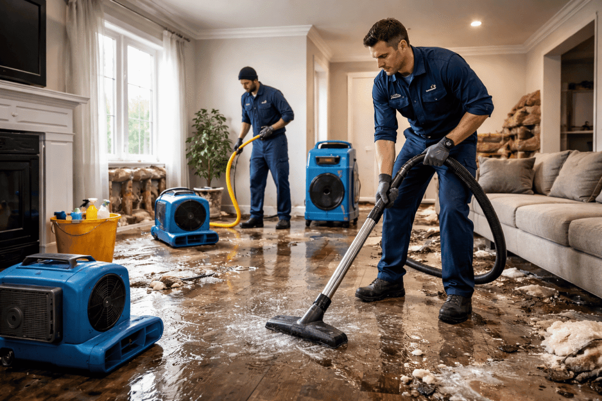 Professional water damage restoration technicians extracting water and drying flooded home in Albany County