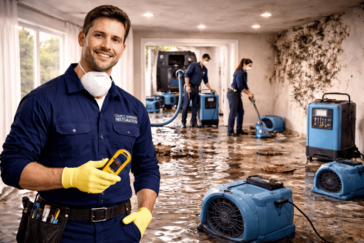 Quick Response Restoration team performing water damage restoration using professional drying and extraction equipment in a flooded home