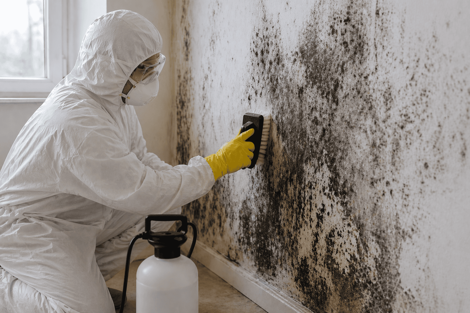 Professional mold remediation worker cleaning mold from wall in Saratoga Springs home