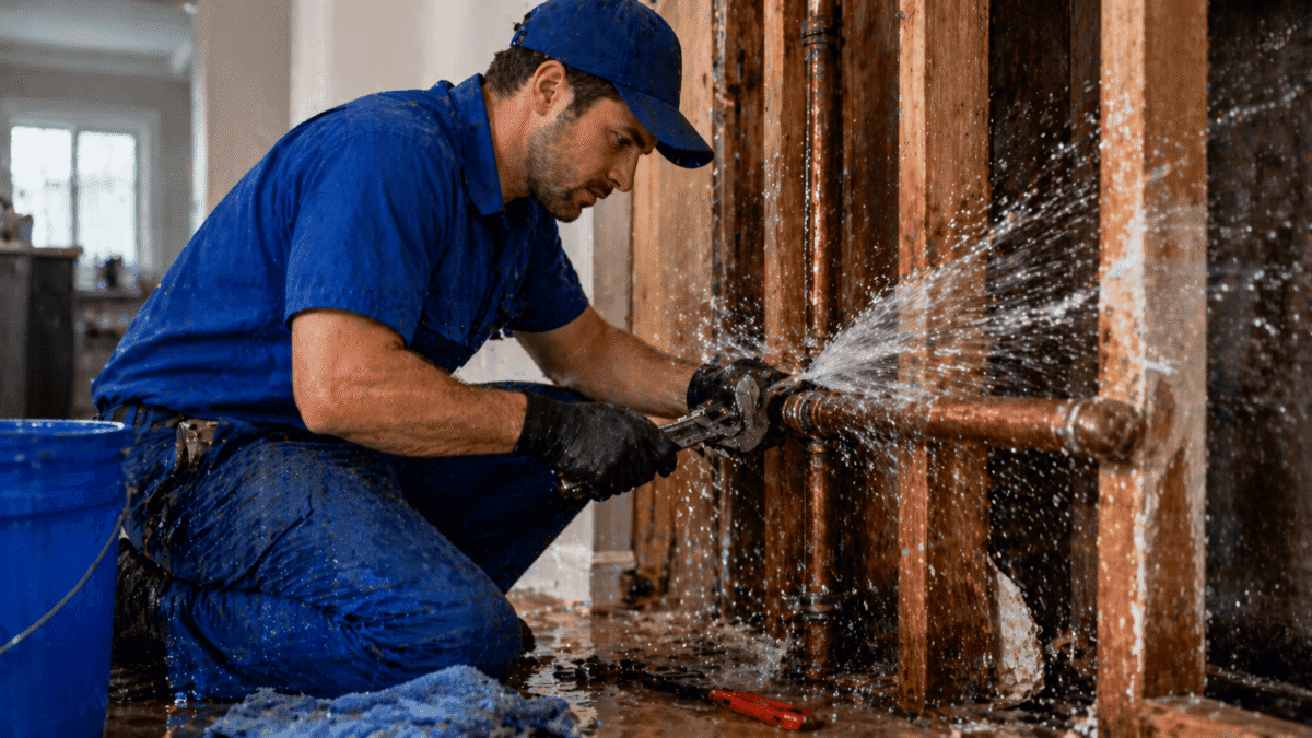 Plumber repairing burst pipe leak with water spraying in home emergency plumbing service