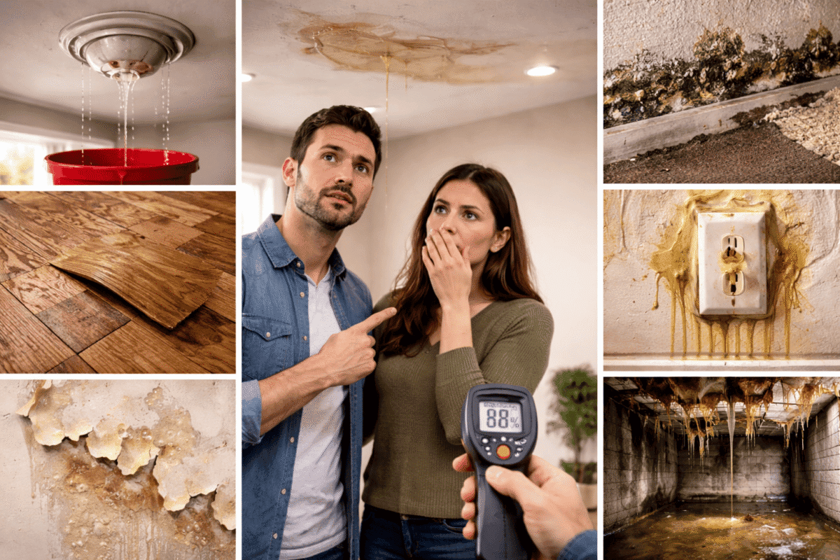Seven warning signs of water damage including ceiling leaks, mold growth, peeling paint, damaged flooring, and high moisture levels in a home