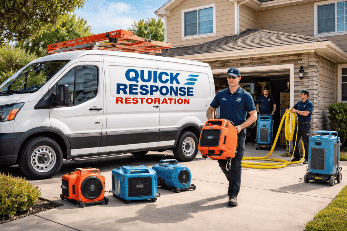Quick Response Restoration team performing water damage restoration outside a residential home with professional drying equipment