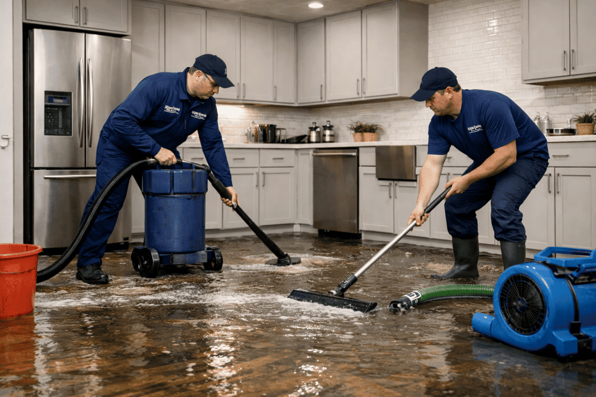 Emergency water clean up service in Saratoga County with Quick Response Restoration team removing flood water from a residential kitchen