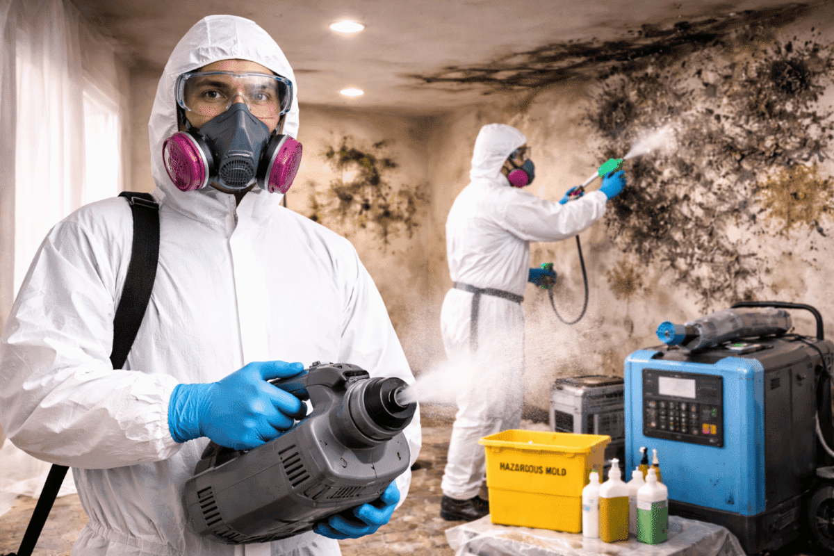 Mold remediation professionals wearing protective gear removing mold and sanitizing a contaminated wall using advanced cleaning equipment