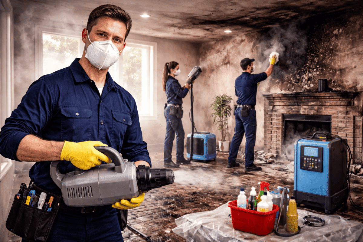 Professional smoke damage cleanup technicians removing soot and using advanced equipment to restore a fire-damaged home