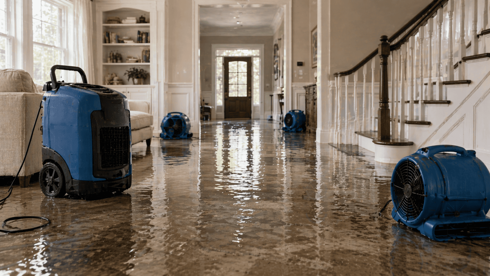 Water damage restoration in a flooded home with industrial dehumidifiers and air movers removing excess moisture