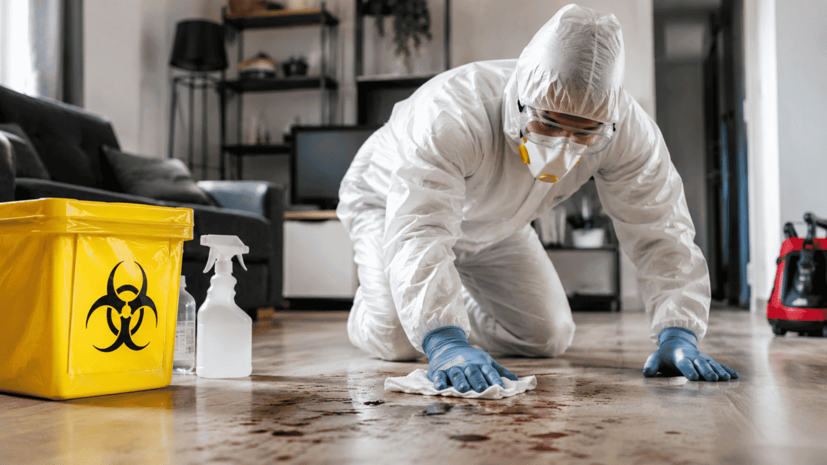 Professional biohazard cleanup technician disinfecting contaminated residential property during emergency cleanup service