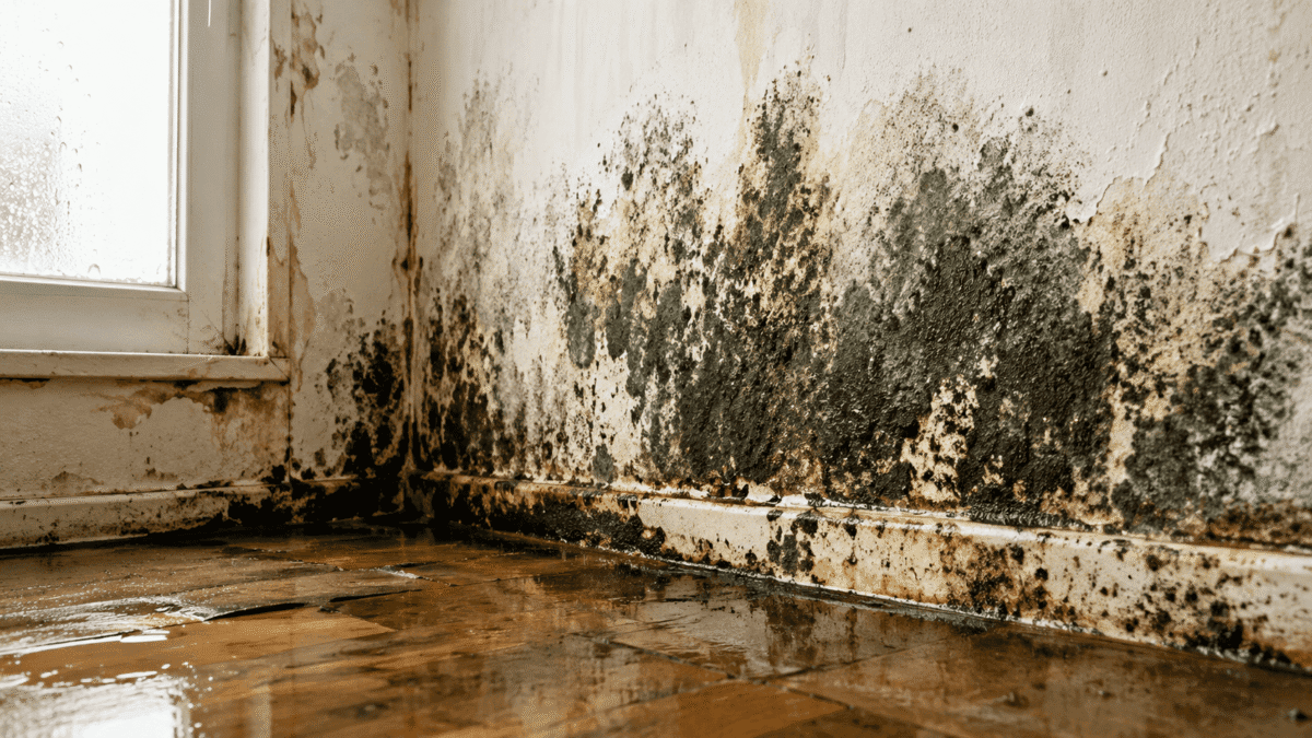 Mold growing on interior walls and flooring after severe water damage in a residential property