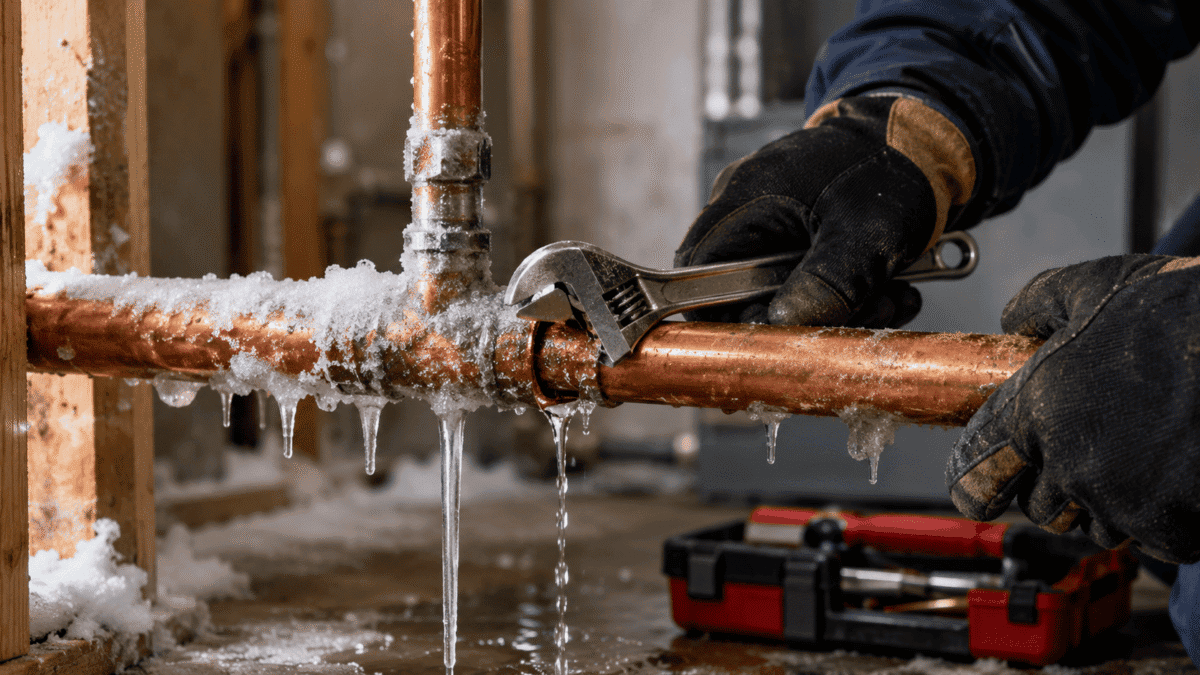 Frozen pipe repair services in Albany County NY showing emergency plumber repairing icy burst water pipe during winter