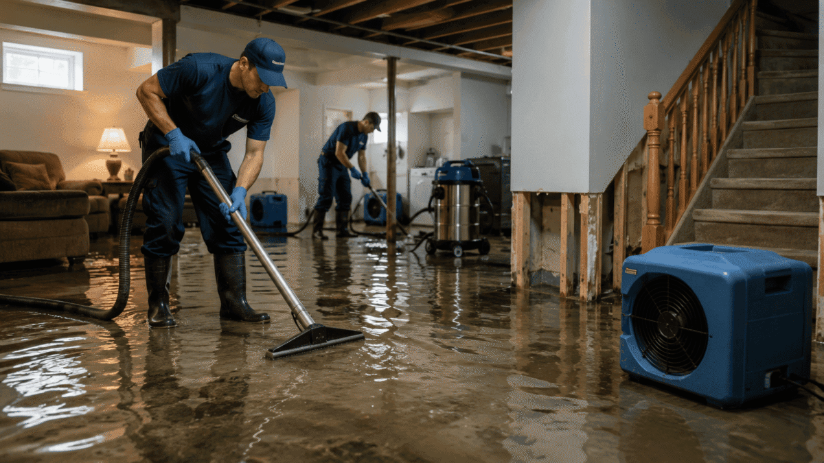 Professional flood cleanup technicians removing standing water from a flooded basement using industrial restoration equipment after water damage disaster