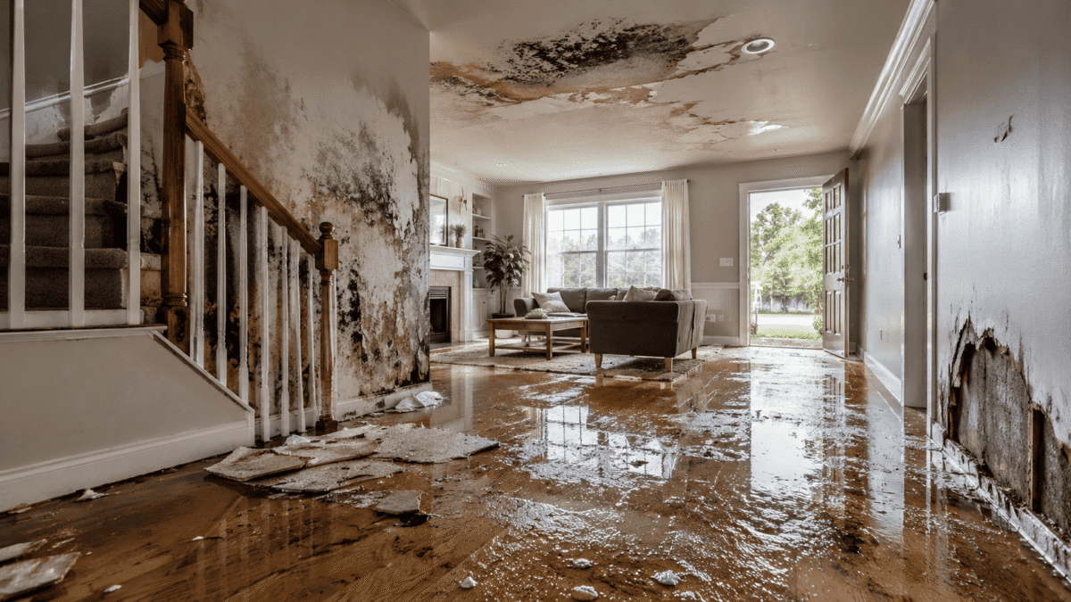 Water-damaged home interior showing flooding, mold growth, and structural damage requiring timely water damage restoration in Albany County NY