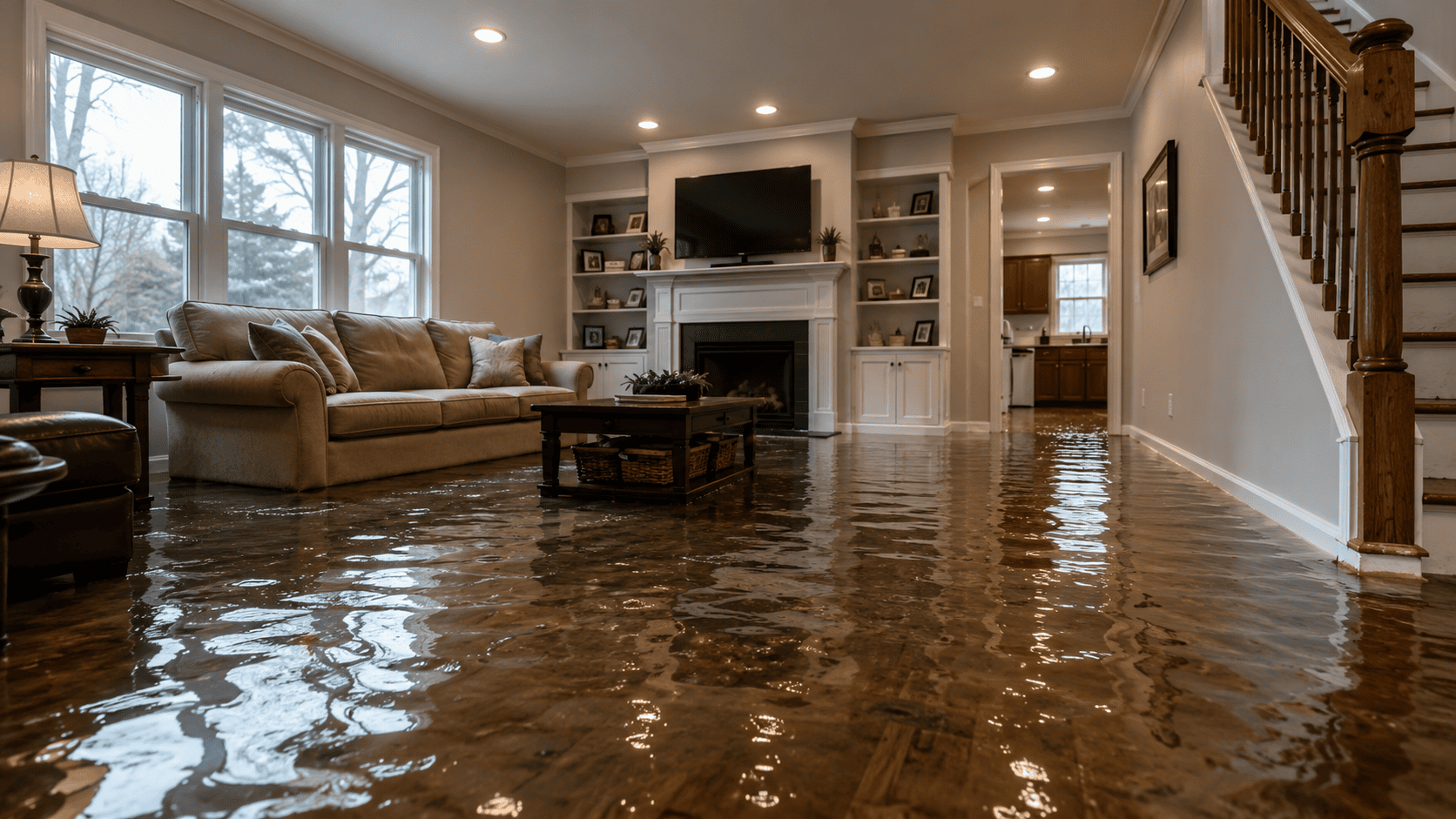 Flooded residential living room with standing water on hardwood floors illustrating the need for professional water damage restoration services in Albany County.