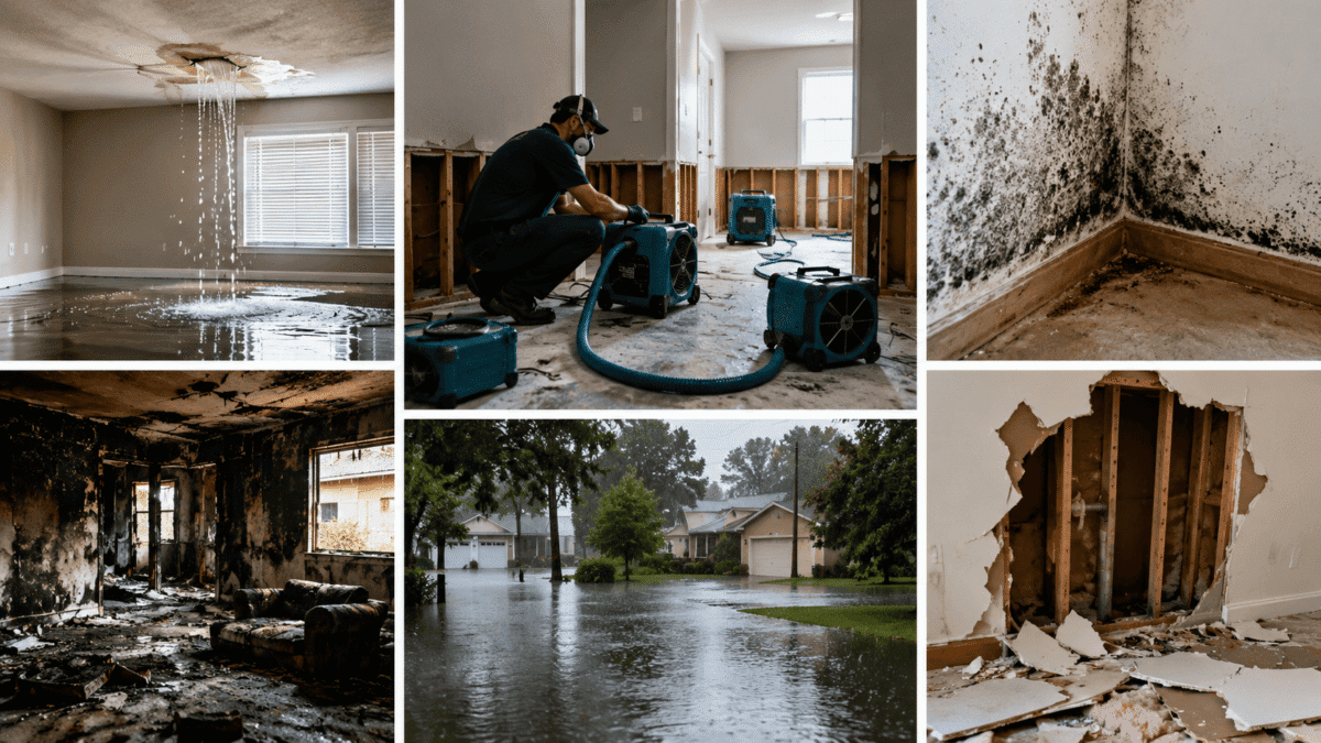 Professional restoration services addressing water damage, mold growth, fire damage, flood damage, and structural property issues requiring immediate restoration and cleanup.