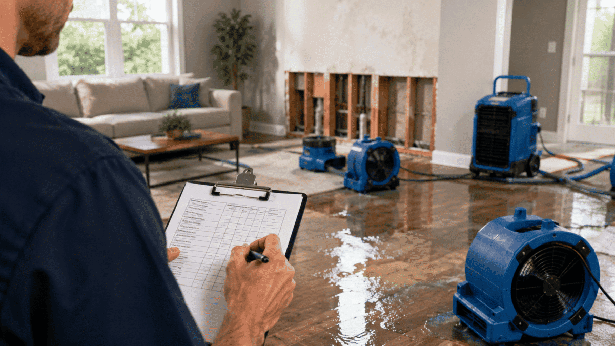 Professional restoration technician inspecting residential water and structural damage while helping property owners choose the right restoration company near me