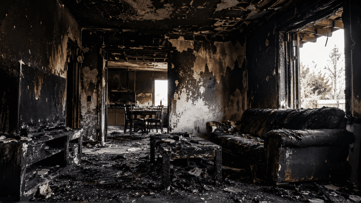 Fire-damaged residential interior showing severe smoke, soot, and structural damage requiring professional fire and smoke damage repair services