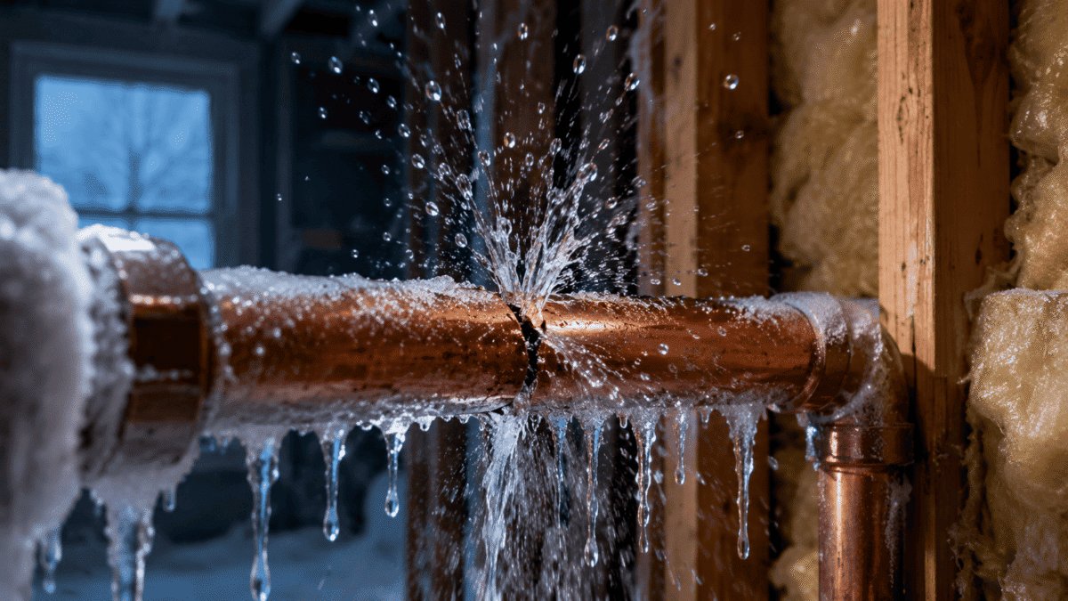 Frozen burst water pipe with ice buildup inside a property during winter, showing emergency frozen pipe repair and water damage restoration.
